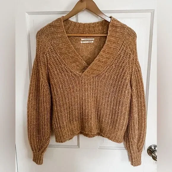 Anthropologie Honore Ribbed V Neck Chunky Knit Wool Sweater in Honey Sz XSP - Picture 6 of 16